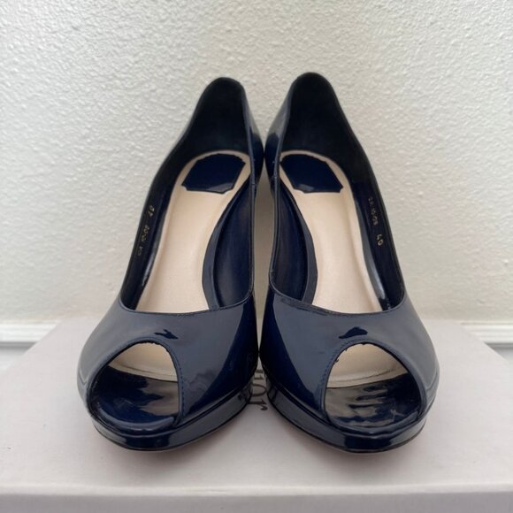 MISS DIOR Escarpin11 Patent Leather Navy Bleu fonce Veau Peep Toe Platform EU 40 - Picture 2 of 13